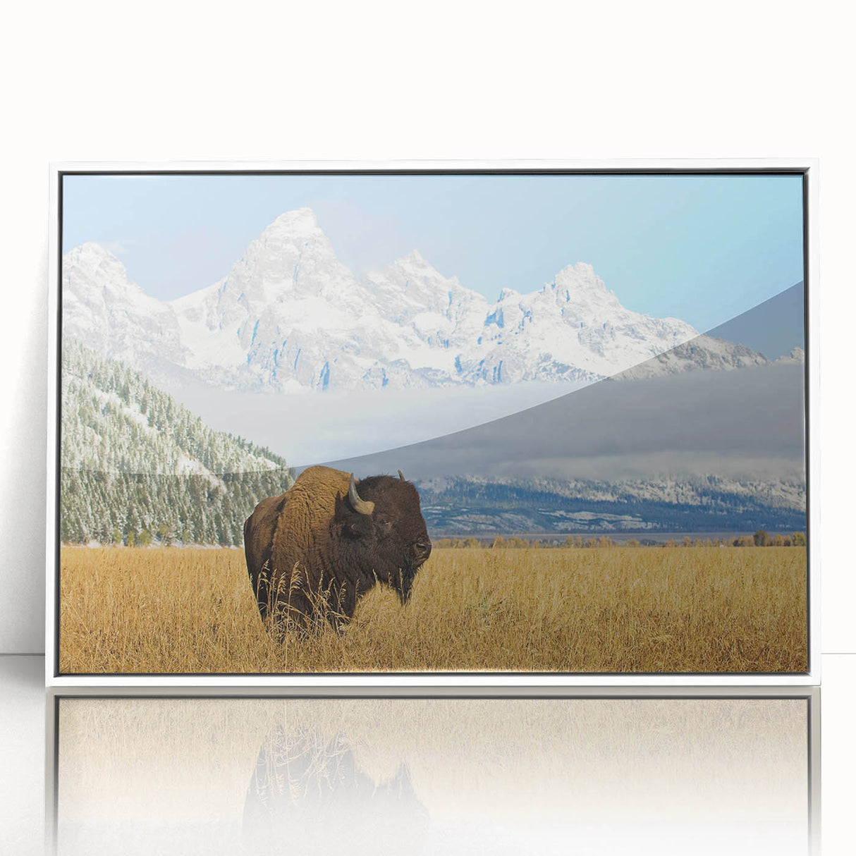 Acrylic print of the Grand Tetons in muted earth tones, framed in white, suitable for modern art wall decor.