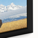 Extra large framed canvas featuring a textured depiction of the Grand Tetons in Wyoming, using black and colorful art tones.