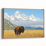 Framed canvas of the Grand Tetons in Wyoming, featuring a vintage-style landscape with muted earth tones.