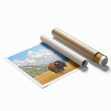 Grand Tetons landscape on rolled print with soft green and blue tones, suitable for classy bathroom wall art.