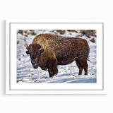 Abstract art print of Yellowstone scenery in muted earth tones, framed with a white mat.