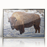 Mid-century modernist art of Yellowstone scenery in muted earth tones on a silver-framed acrylic print.