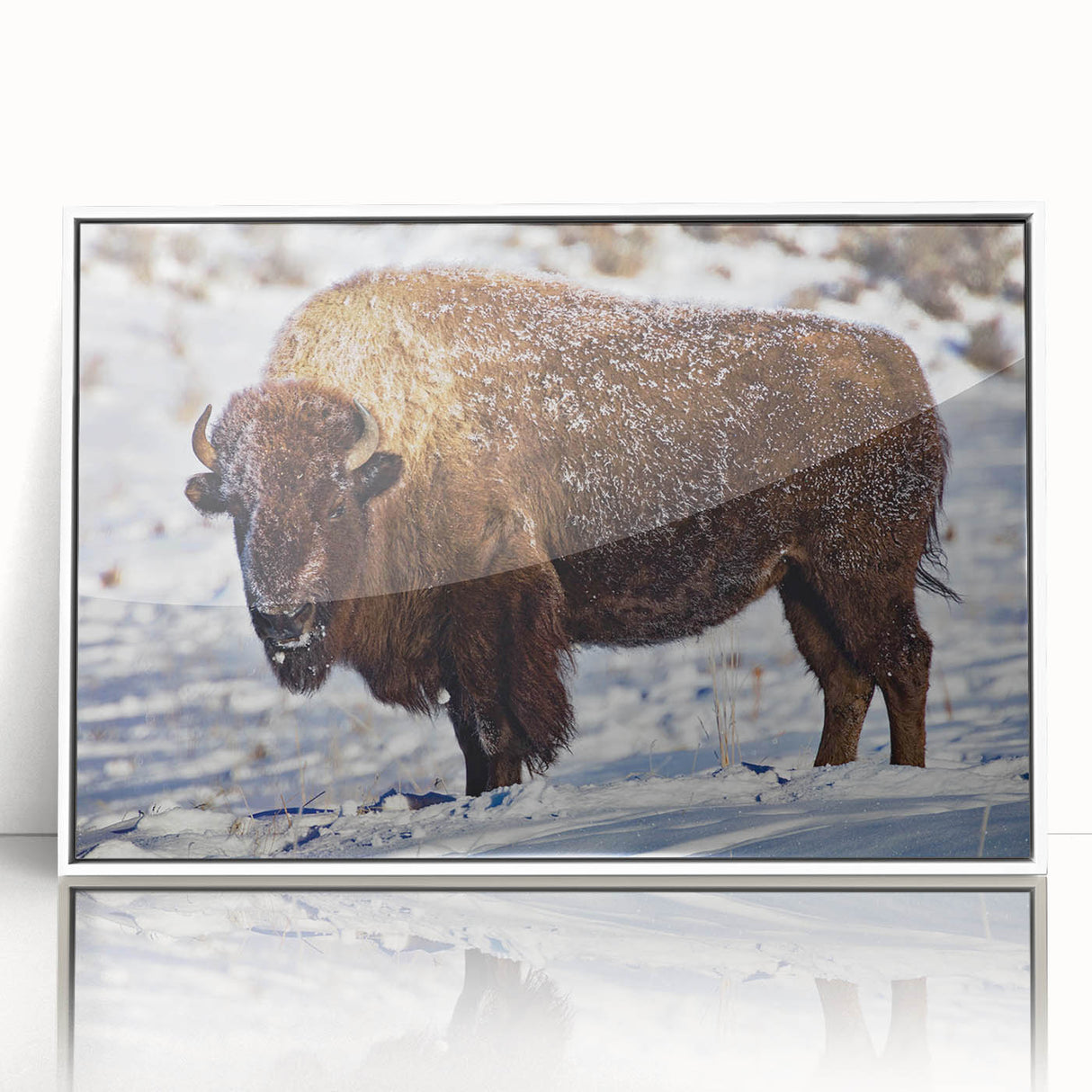 Art deco poster of Yellowstone scenery with muted blue and green tones on framed acrylic.