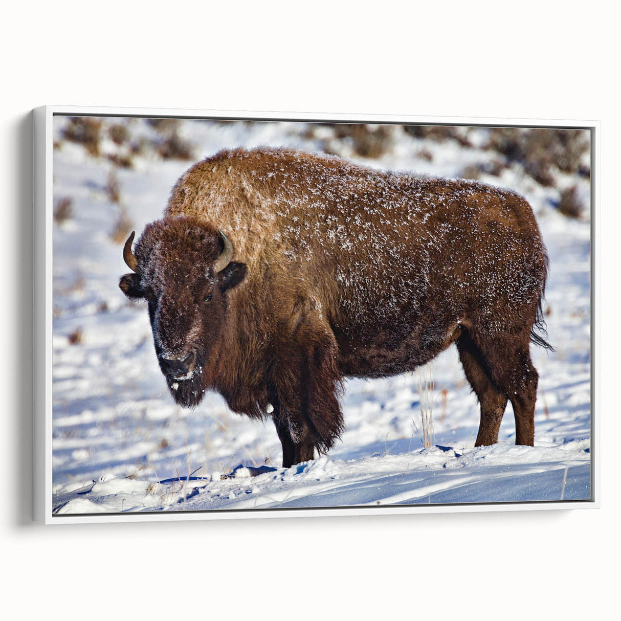 Vintage poster art of Yellowstone scenery on extra large framed canvas, featuring vibrant colors against a black background.