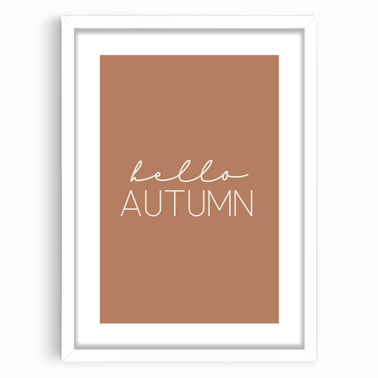 Abstract art print featuring autumnal shades on a white framed canvas, ideal for dining room decor.