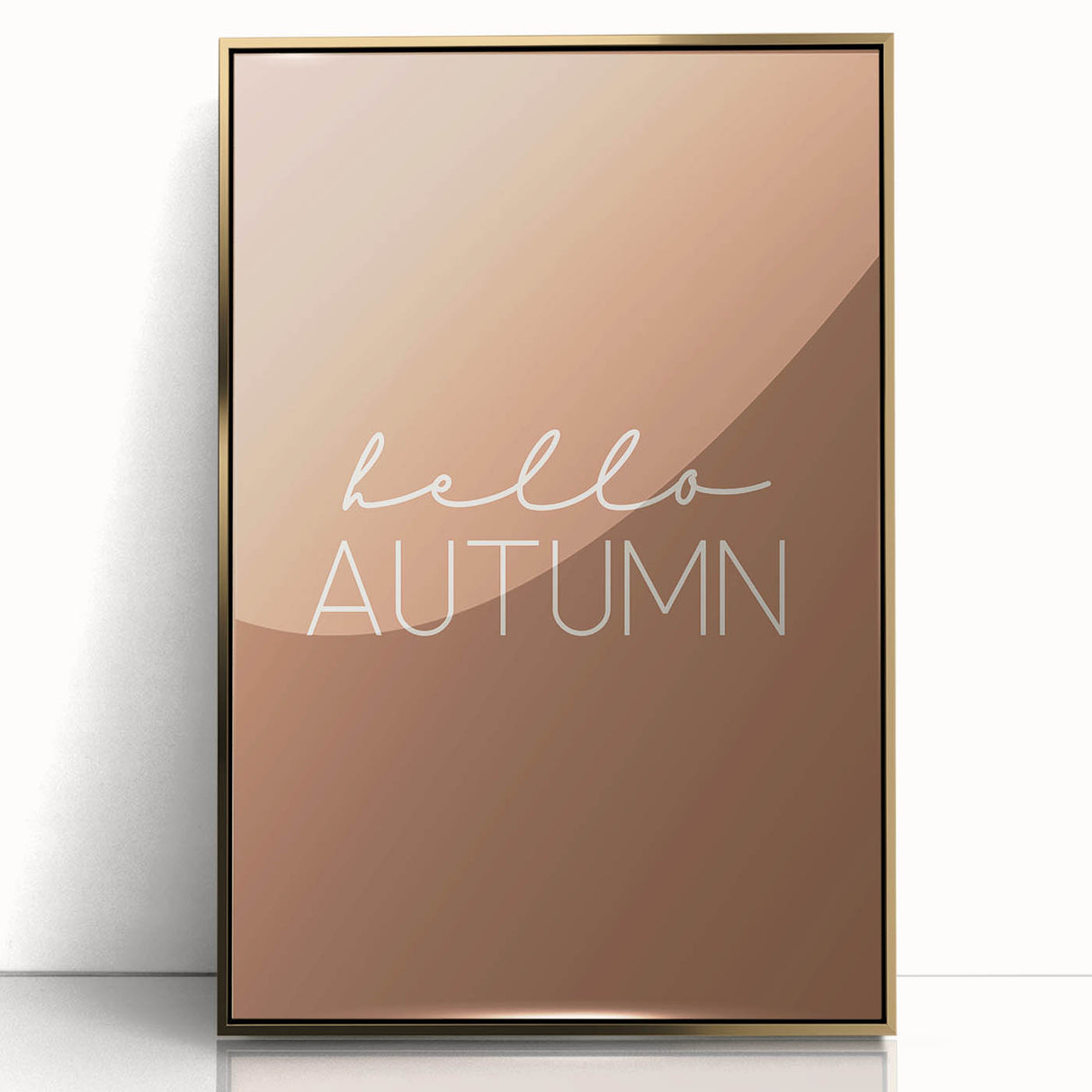 Mid-century modernist art depicting fall seasons in muted gold tones on a framed acrylic print.