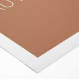 Art deco poster featuring a stylized fall scenery in orange and brown hues on a rolled canvas.