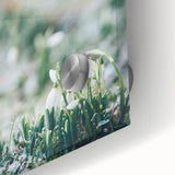 Large abstract wall art depicting spring themes in pastel shades on acrylic glass, ideal for dining room ambiance.