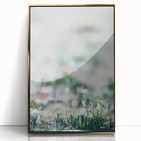 Mid-century modernist large art print of spring season in vibrant gold and green tones, acrylic framed.