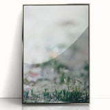 Mid-century modernist art depicting spring season in pastel shades on a silver-framed acrylic, suitable for nursery wall art.