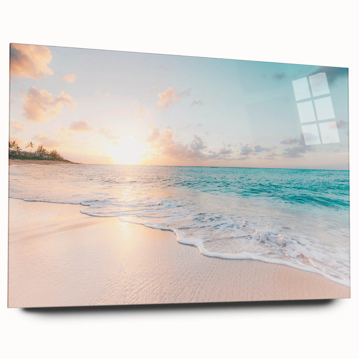 Large abstract wall art on acrylic glass depicting vibrant summer hues, ideal for bedroom or dining room decor.