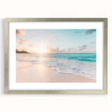 Textured abstract art print depicting summer themes in warm orange and yellow tones, framed in silver, ideal for bedroom art.