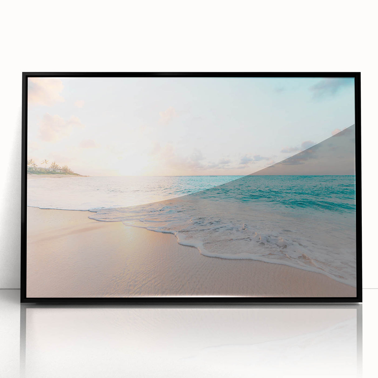 Large abstract wall art with summer-themed colors on acrylic, framed in black, suitable for modern living room decor.