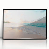 Large abstract wall art with summer-themed colors on acrylic, framed in black, suitable for modern living room decor.