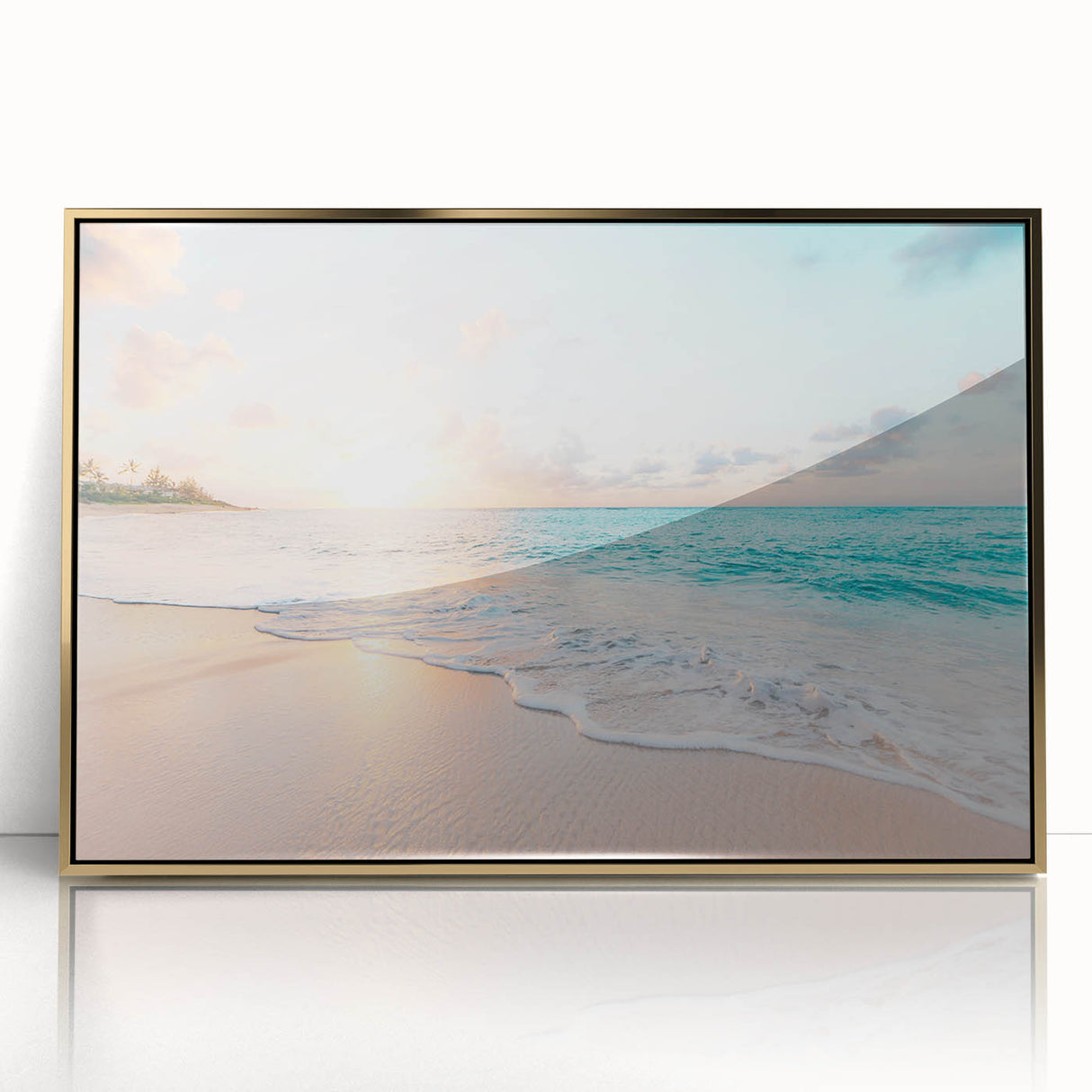 Mid-century modernist summer-themed acrylic print in gold frame, featuring vibrant seasonal colors.