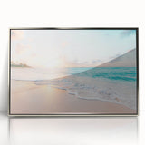 Mid-century modernist art depicting a summer scene in pastel shades on a silver-framed acrylic print.