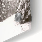 Large abstract wall art depicting winter, in cool blue and white tones on acrylic glass, ideal for dining room art.