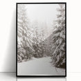 Large abstract wall art depicting winter scene in muted blue and white tones, framed in black acrylic.