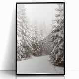 Large abstract wall art depicting winter scene in muted blue and white tones, framed in black acrylic.