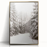 Mid-century modernist art featuring a winter scene in muted blue and gold tones on a framed acrylic.