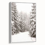 Vintage poster art of a winter scene on framed canvas, featuring a monochrome palette with colorful accents.