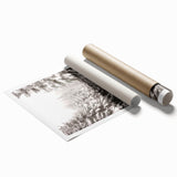 Winter-themed floral art on a large rolled canvas with muted blue and white tones.