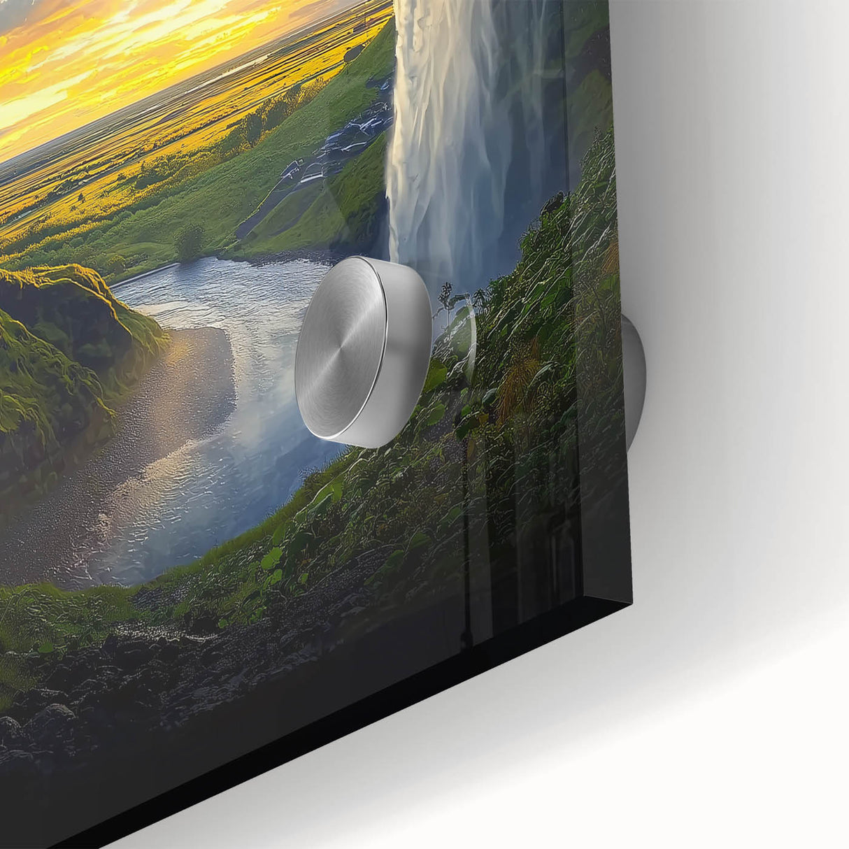 Close-up of an acrylic glass artwork depicting a vibrant landscape with intricate cave details, showcasing rich colors and textures, ideal for modern decor.