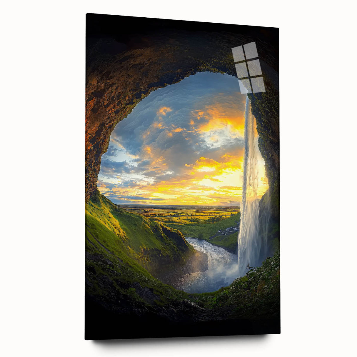 Acrylic glass artwork showcasing a vibrant landscape design with cave elements, viewed from the side, emphasizing rich colors and textures for modern home decor.