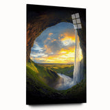 Acrylic glass artwork showcasing a vibrant landscape design with cave elements, viewed from the side, emphasizing rich colors and textures for modern home decor.