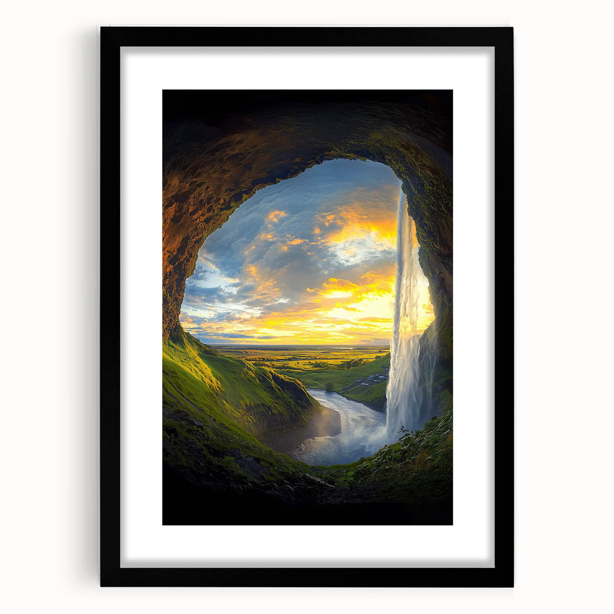 Framed black landscape art featuring intricate cave designs, elegantly matted for a polished look, perfect for modern home decor and art enthusiasts.