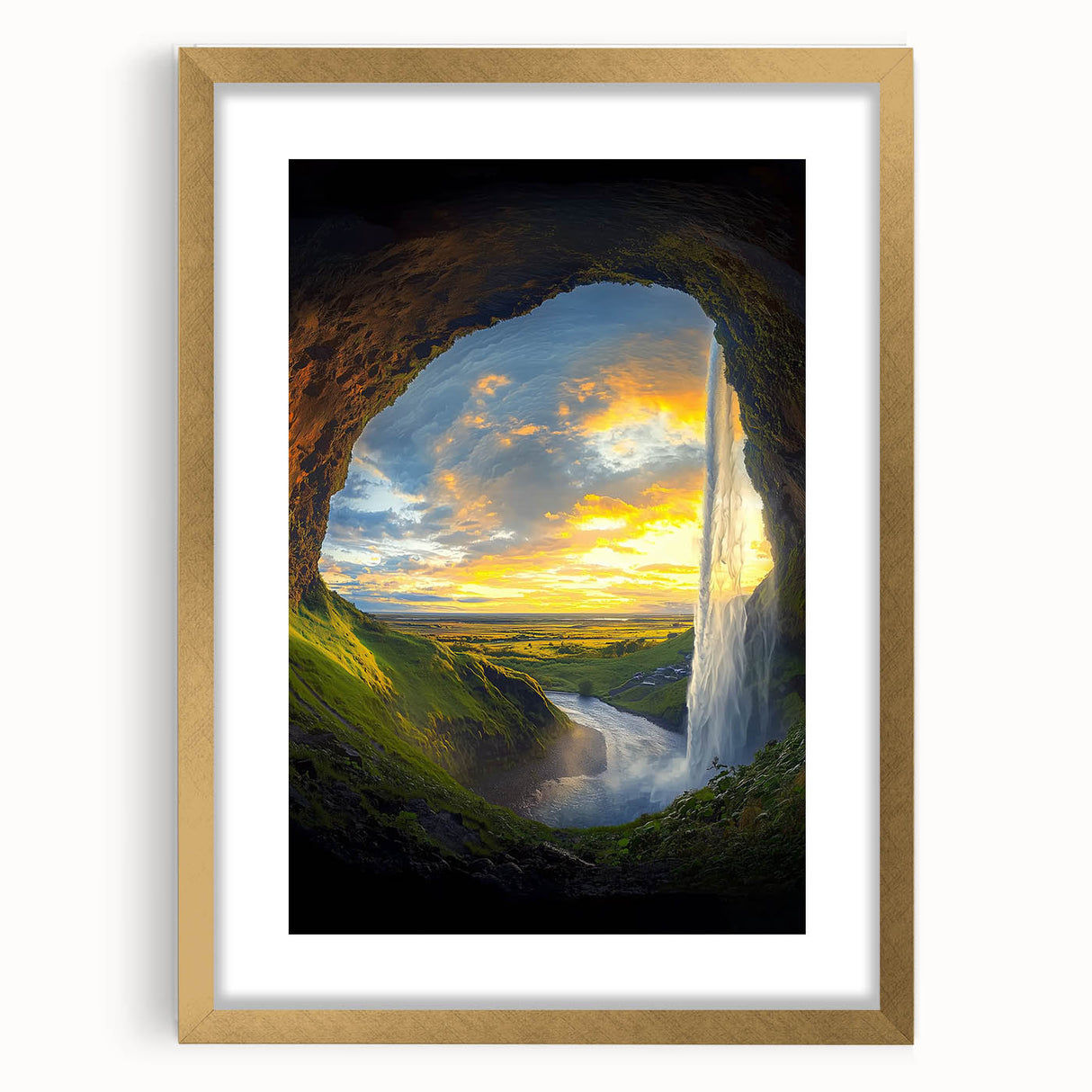Gold-framed landscape art print with a mat, showcasing intricate cave designs, perfect for home decor and enhancing interior aesthetics. Ideal for art lovers.