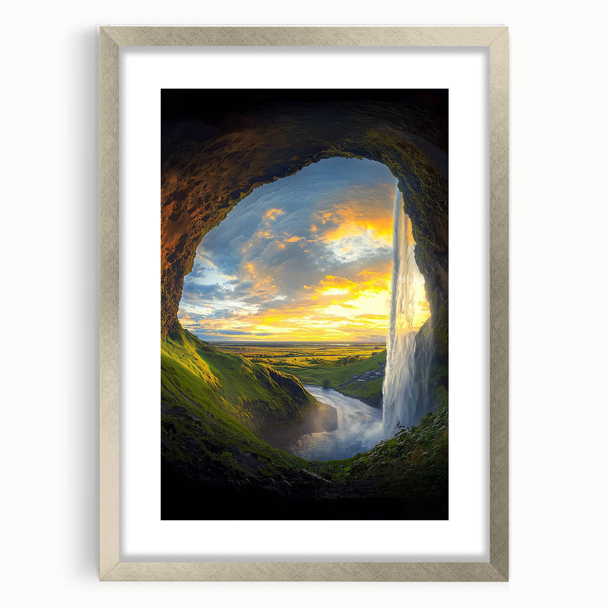 Framed landscape artwork depicting a serene cave scene, featuring a silver mat for an elegant finish, ideal for home decor or gallery display.
