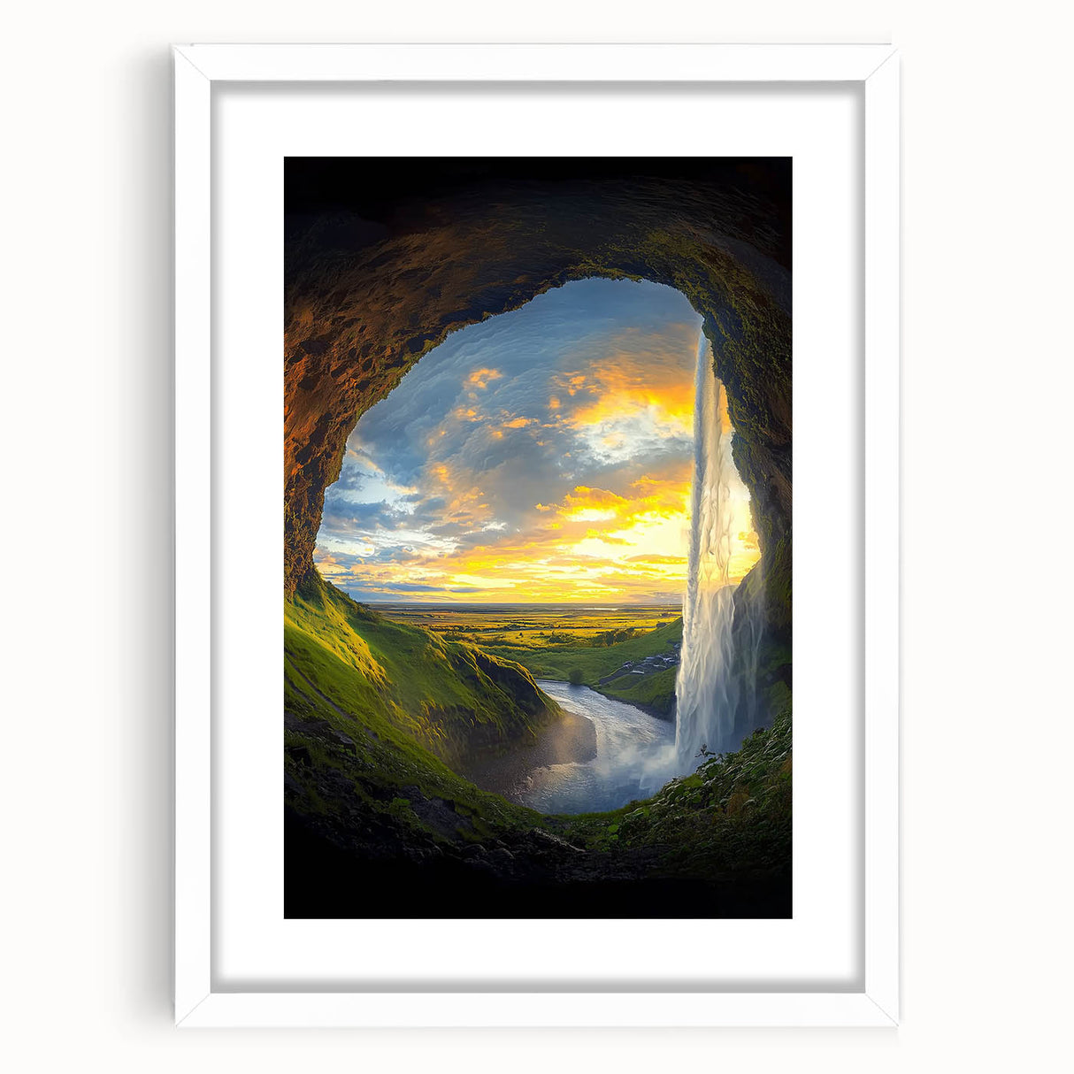 Framed landscape artwork depicting intricate cave designs, featuring a white mat and sleek black frame, ideal for modern home decor and art enthusiasts. Perfect for adding a touch of nature-inspired elegance to any living space.