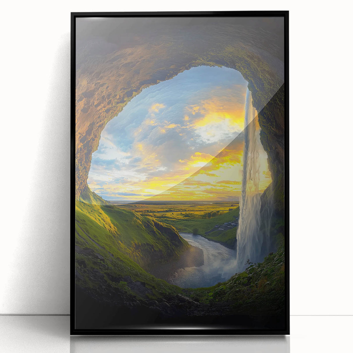 Framed acrylic artwork showcasing a stunning black landscape with intricate cave formations, designed to enhance modern home decor and create a dramatic focal point.
