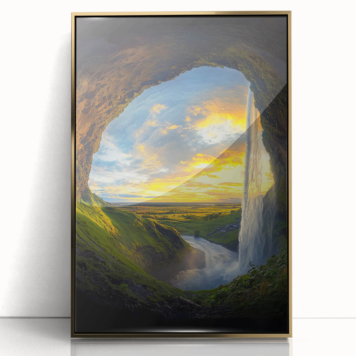 Framed acrylic artwork depicting a stunning landscape cave scene with gold accents, showcasing intricate details and vibrant colors, ideal for modern home decor.