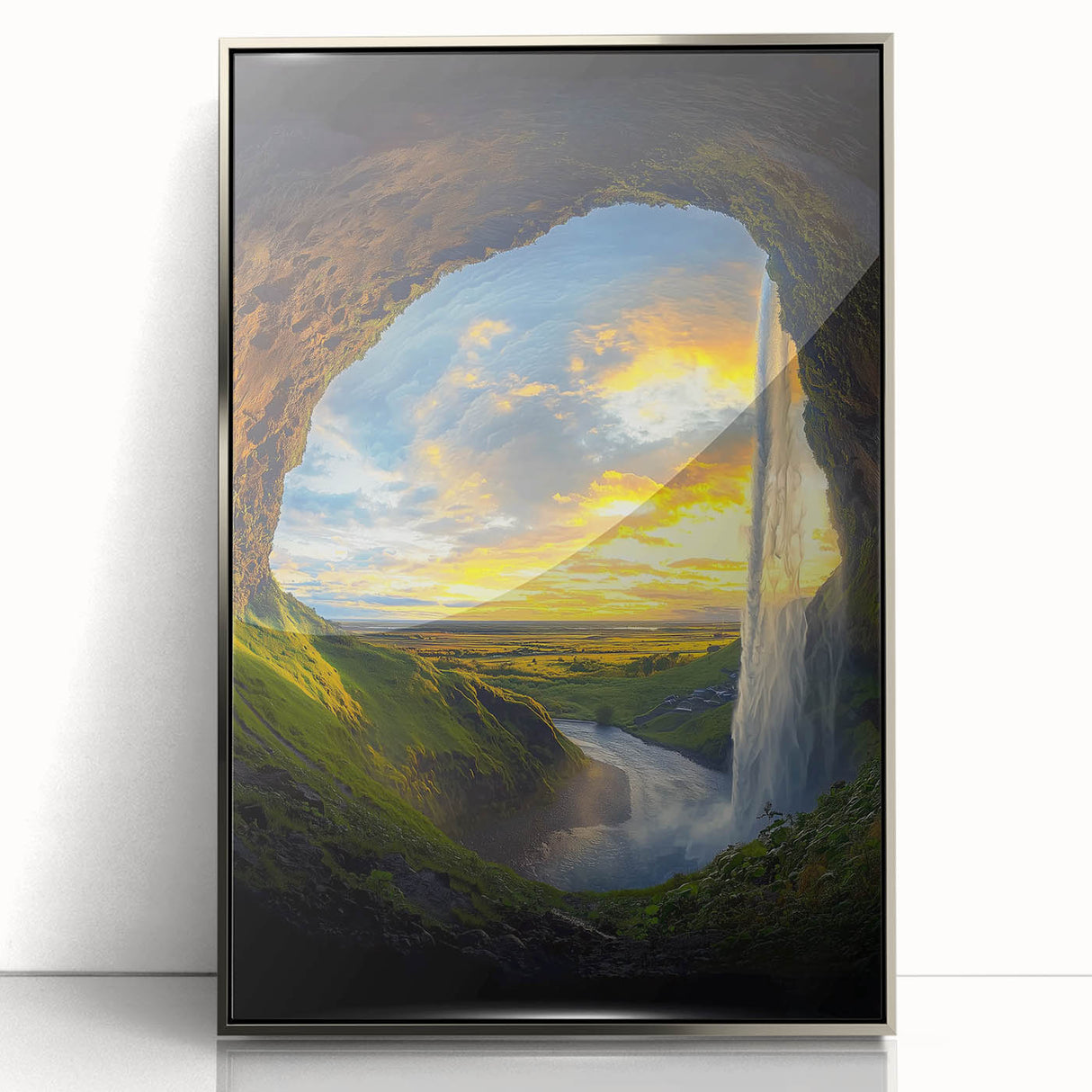Framed acrylic artwork showcasing a vibrant landscape design with intricate cave details, set in a sleek silver frame, perfect for modern home decor.