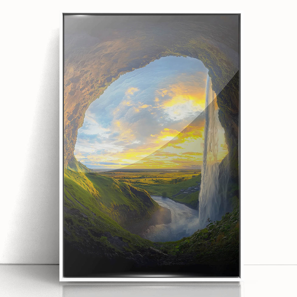 Framed acrylic artwork showcasing a stunning landscape of caves, presented in a sleek white frame, ideal for modern home decor and art enthusiasts.