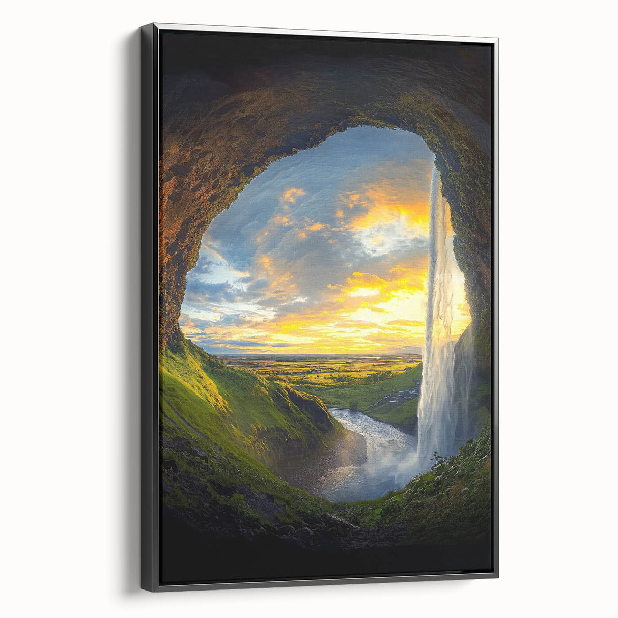 Framed canvas artwork depicting a stunning landscape scene with caves, showcasing rich earthy tones and intricate details, ideal for home or office decor.