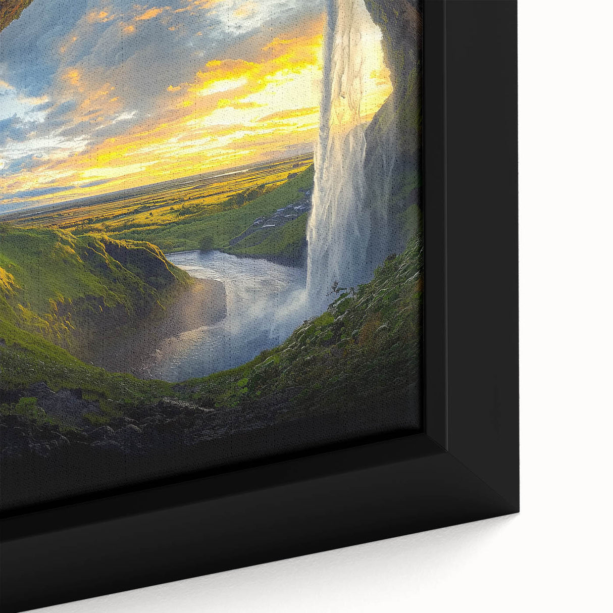 Close-up of a framed canvas showcasing a stunning landscape design with intricate cave details, vibrant colors, and a textured finish, perfect for home decor.
