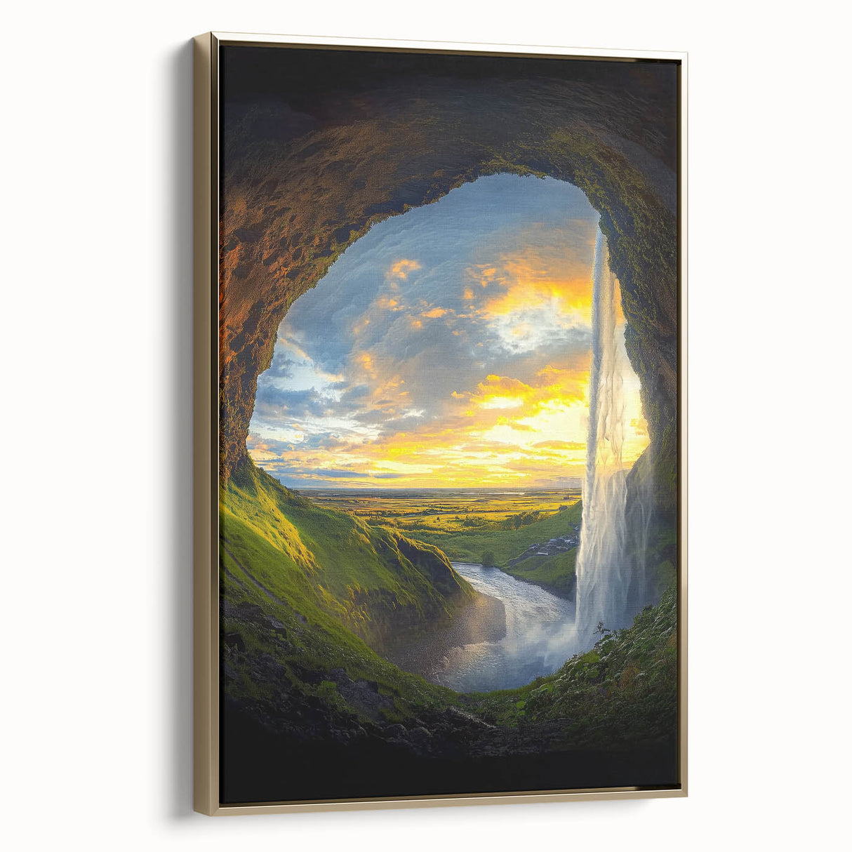 Framed canvas artwork showcasing a stunning landscape with intricate cave designs, featuring a gold frame that enhances its visual appeal. Perfect for modern home decor.