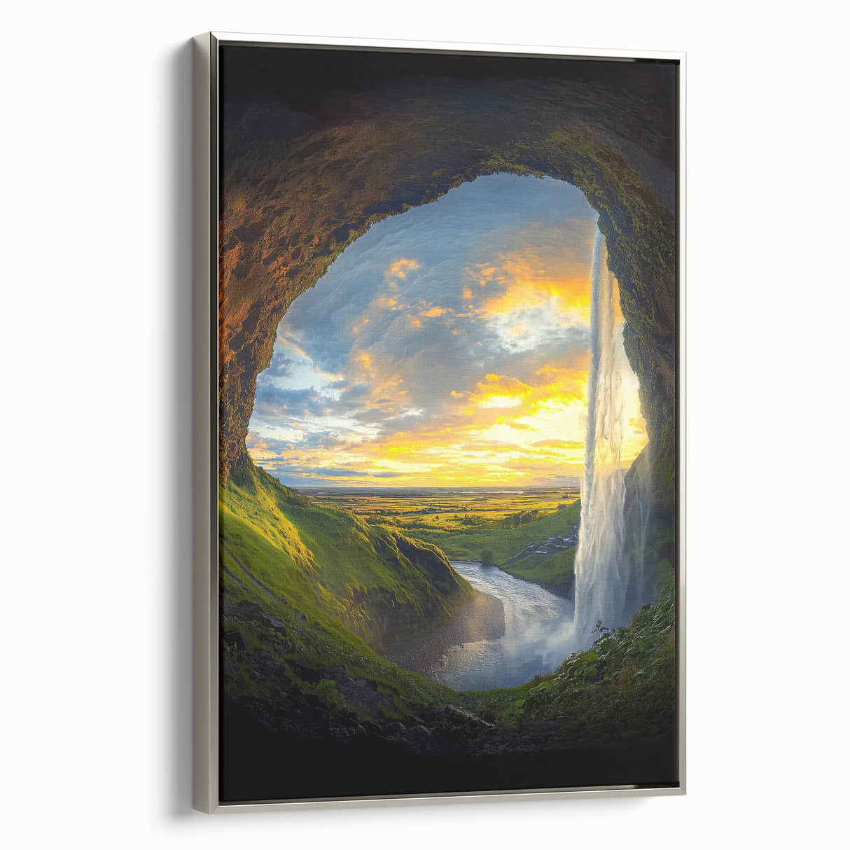 Framed canvas wall art depicting a detailed landscape featuring caves, highlighted with a silver frame, showcasing intricate textures and natural colors. Ideal for enhancing home decor with nature-inspired elements.