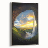 Framed canvas wall art depicting a detailed landscape featuring caves, highlighted with a silver frame, showcasing intricate textures and natural colors. Ideal for enhancing home decor with nature-inspired elements.