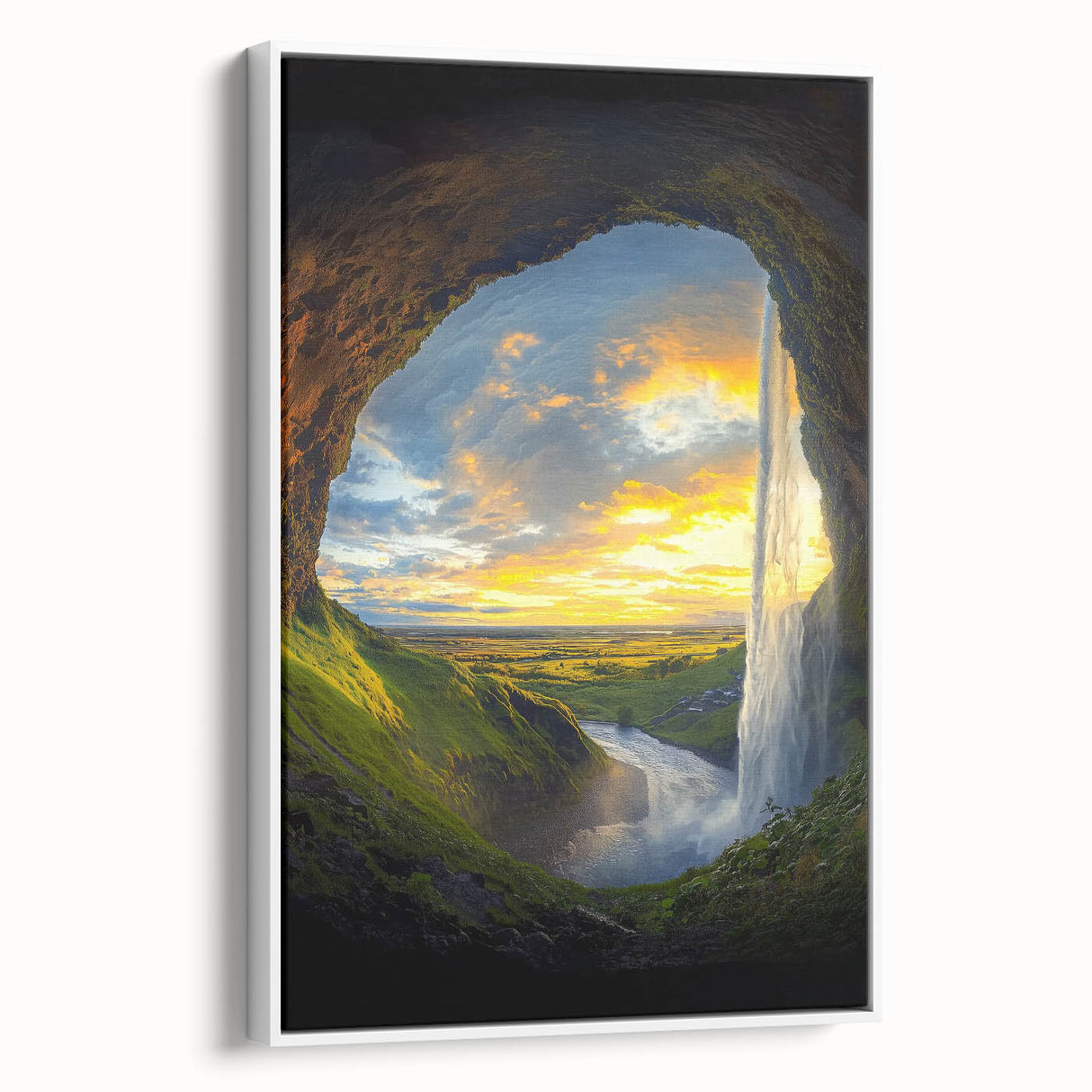 Framed canvas artwork showcasing a stunning landscape with cave formations, presented in a sleek white frame, perfect for modern home decor.