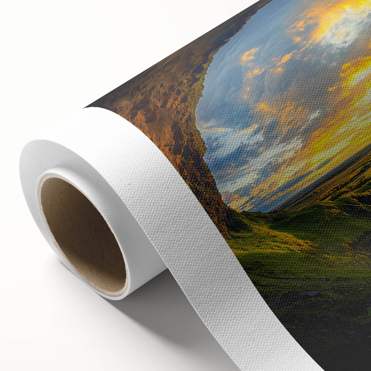Rolled canvas artwork showcasing vibrant landscapes and caves, featuring rich colors and intricate details, elegantly packaged in a protective cardboard tube for easy transport. Ideal for home decor enthusiasts and nature lovers.