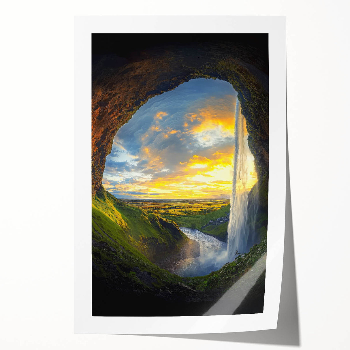 Rolled print showcasing a vibrant landscape design with intricate cave formations, perfect for home decor. Packaged securely in a sturdy cardboard tube for safe delivery.