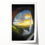 Rolled print showcasing a vibrant landscape design with intricate cave formations, perfect for home decor. Packaged securely in a sturdy cardboard tube for safe delivery.