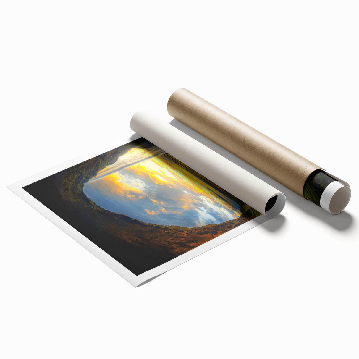 Rolled print of a stunning cave landscape featuring intricate rock formations and earthy tones, elegantly packaged in a durable cardboard tube for safe delivery.