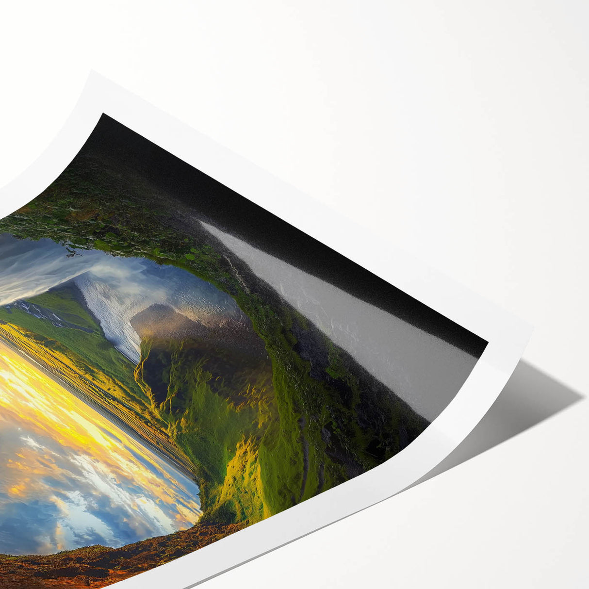 Rolled print showcasing a stunning landscape of colorful caves, featuring intricate details and vibrant hues, packaged securely in a protective cardboard tube. Perfect for home decor enthusiasts seeking unique art pieces.