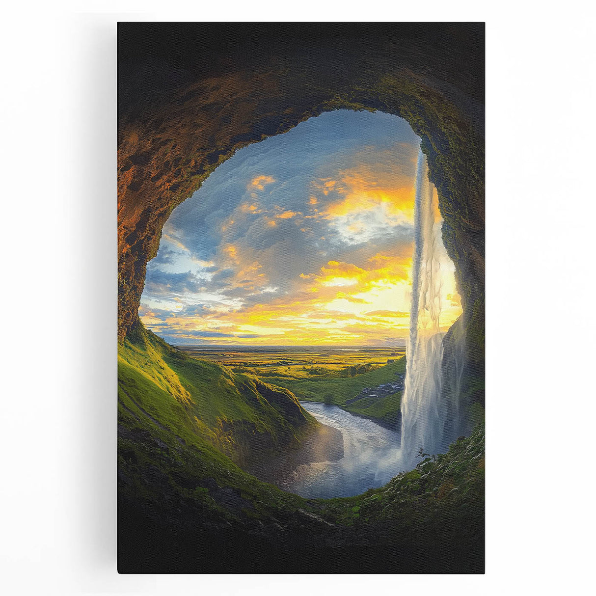 Stretched canvas artwork showcasing a vibrant landscape scene with intricate cave formations and rich colors, ideal for home decor and art enthusiasts.