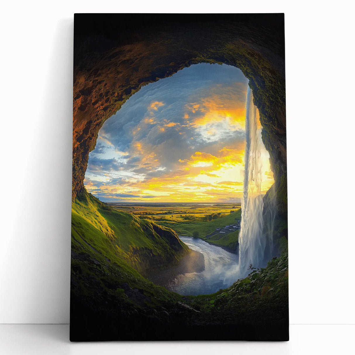 Stretched canvas artwork depicting a serene landscape with caves, featuring rich earth tones and intricate details, ideal for home decor or art collections.